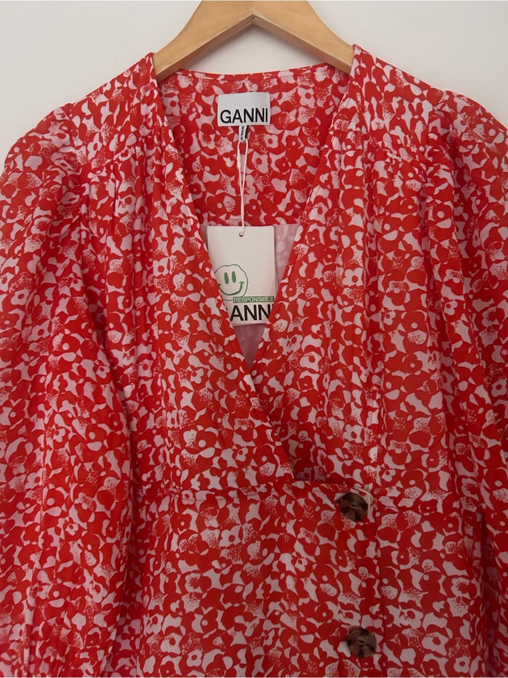 new Ganni Red White Floral Midi Dress Puff Sleeve Button Detail Size 40 - Picture 6 of 10